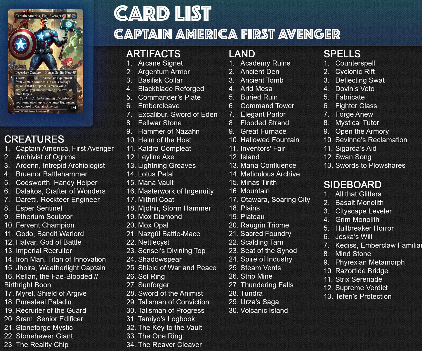 Captain America EDH Deck, 113 Cards, 13 Sideboard, Includes all major characters, Captain America Equipment Deck, Custom Proxies