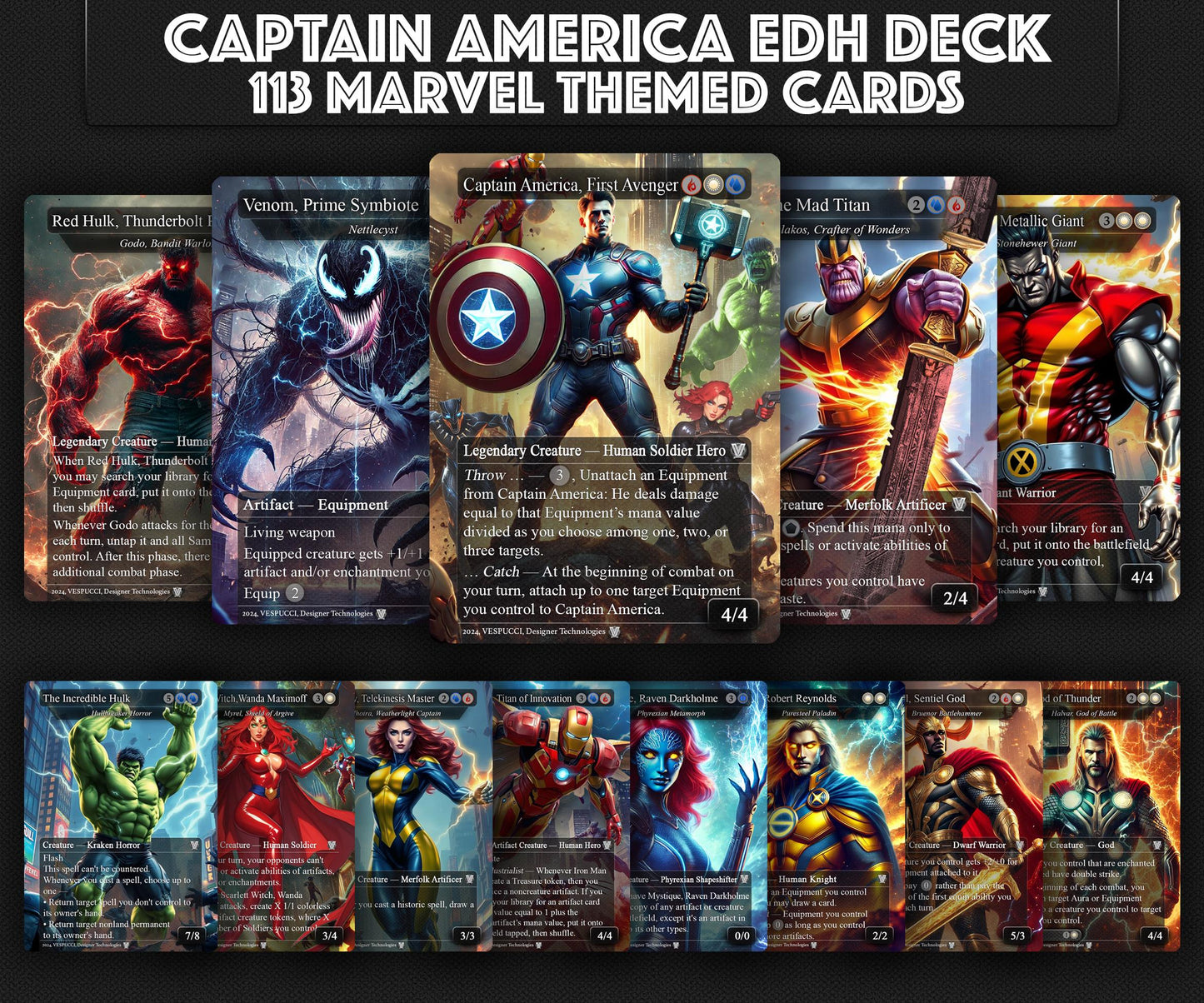 Captain America EDH Deck, 113 Cards, 13 Sideboard, Includes all major characters, Captain America Equipment Deck, Custom Proxies