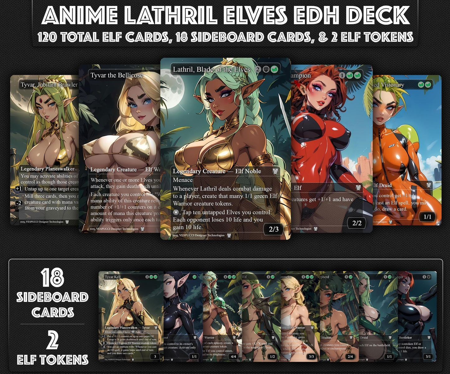 Lathril Blade of the Elves EDH Anime Style Waifu Proxy Deck Custom Proxy Elf Tribal Elves High Quality Cards, 120 Cards, 18 Sideboard Cards