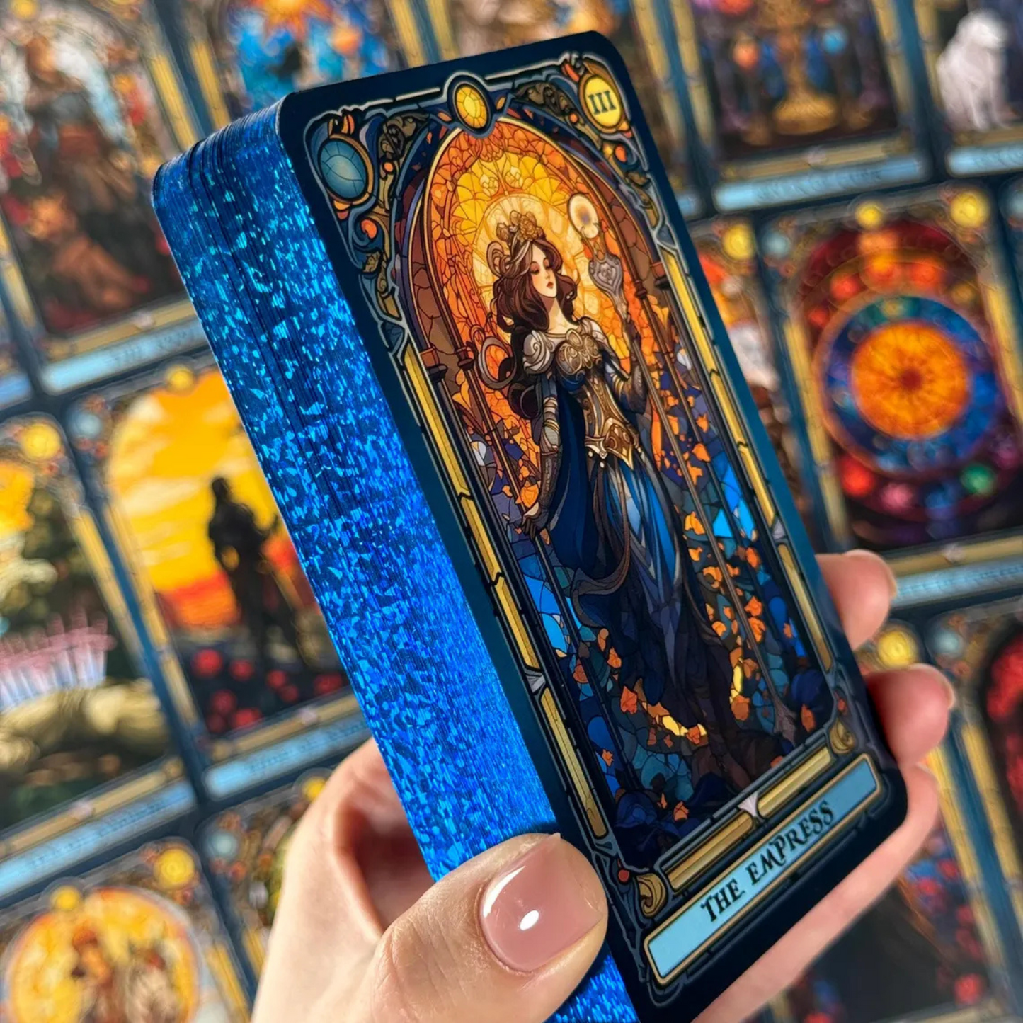Stained Glass Tarot Deck – 78 Cards with Foil Edges, Intuitive Symbolism, Guidebook Included, Ideal for Beginners and Collectors