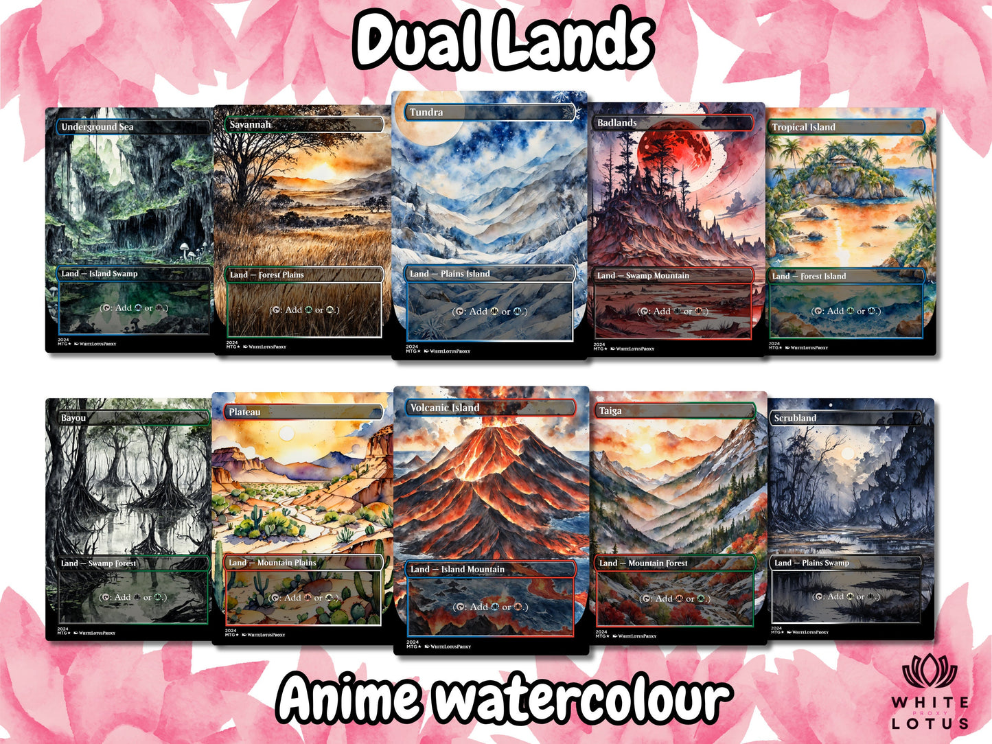 Mega EDH land pack (50+ cards) Anime watercolour lands set of 50 unique borderless custom proxy lands High quality lands for EDH or cEDH