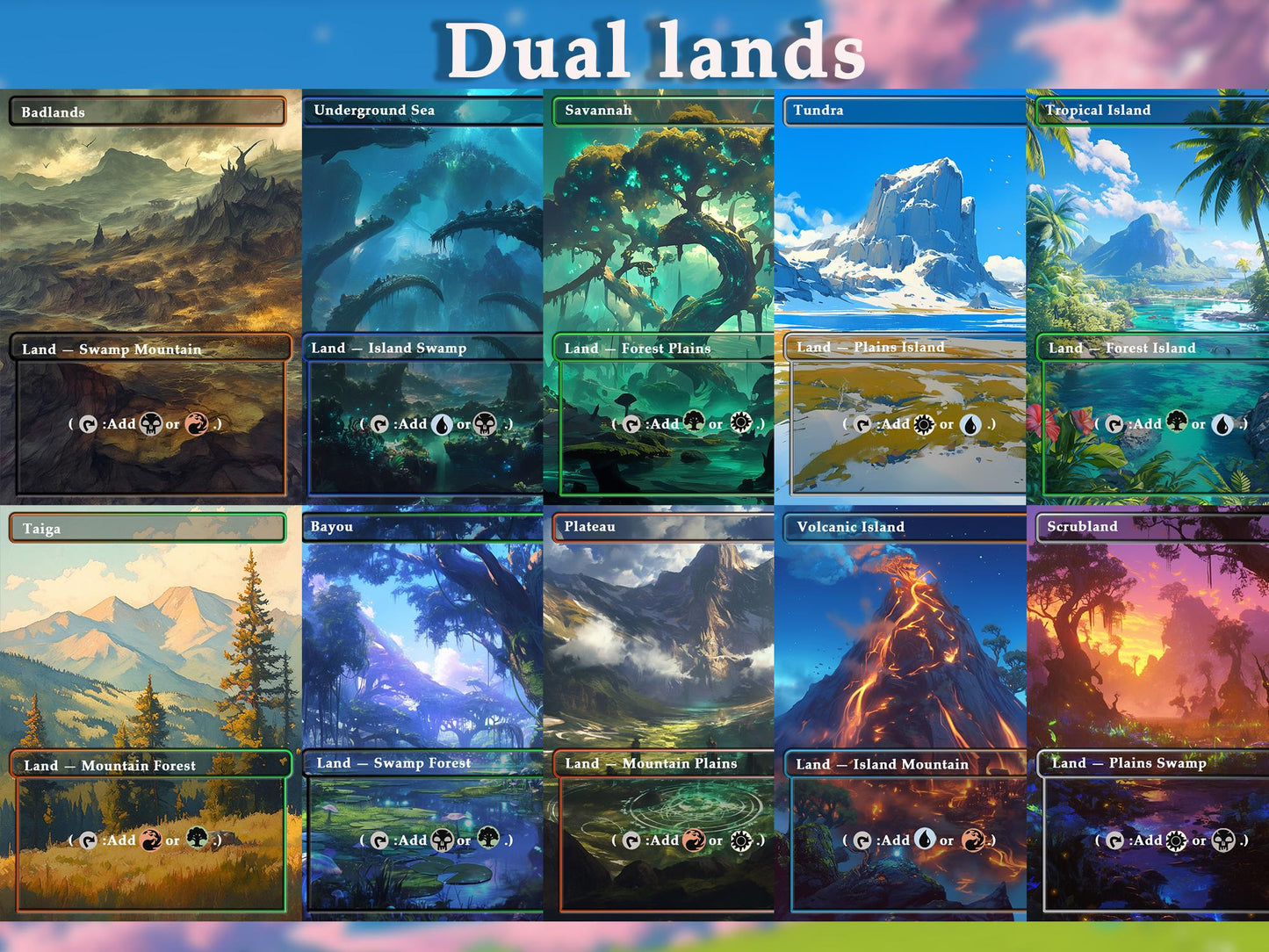 Mega Land pack (50+ cards) Anime watercolour lands set of 50 unique borderless custom proxy lands High quality lands