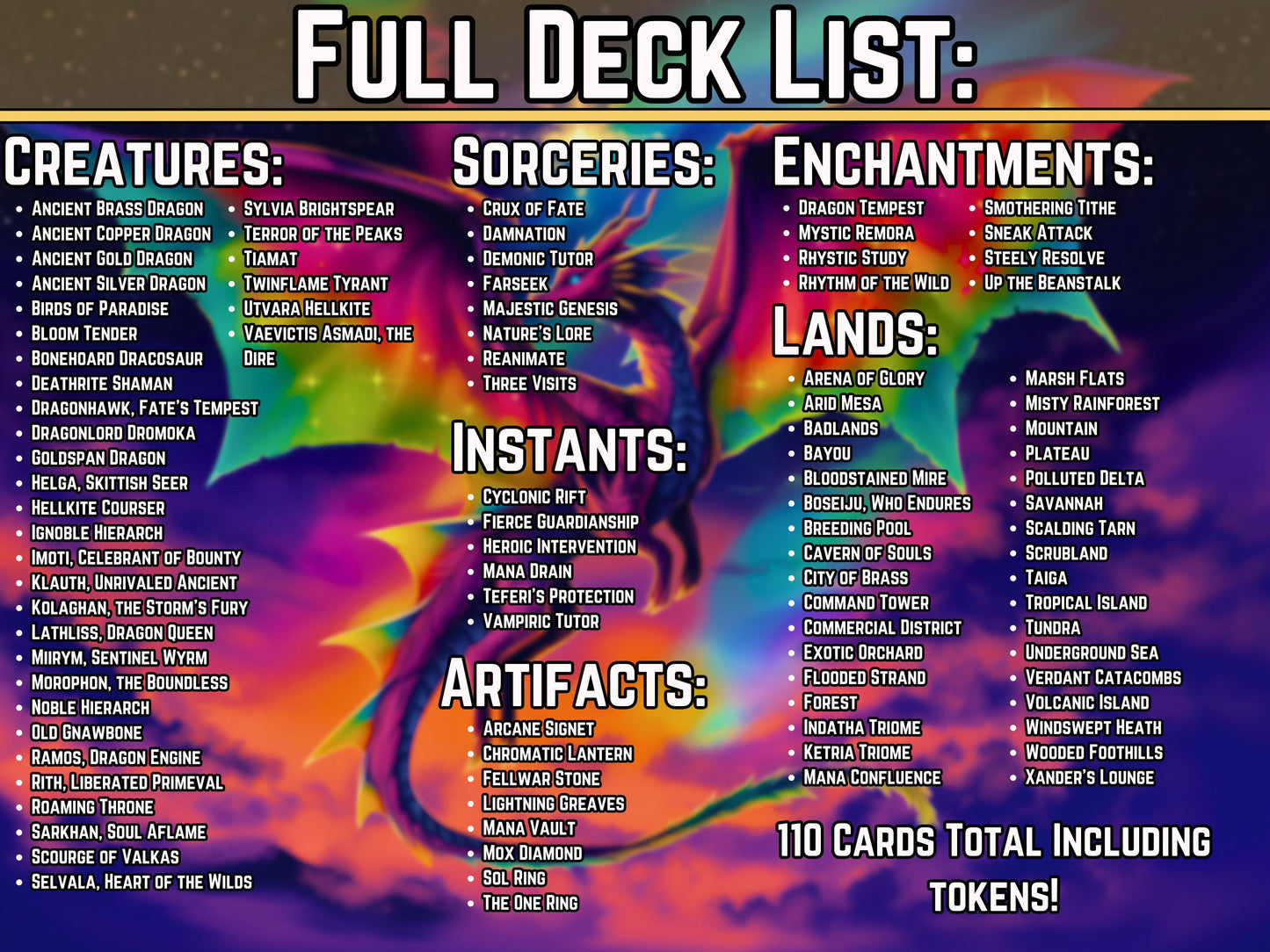 Dragon Tribal Commander Deck - Proxy - 4 Possible Commanders - 5 Colors - Tokens Included - Dragonstorm Upgrade Bundle - 110 card EDH Deck