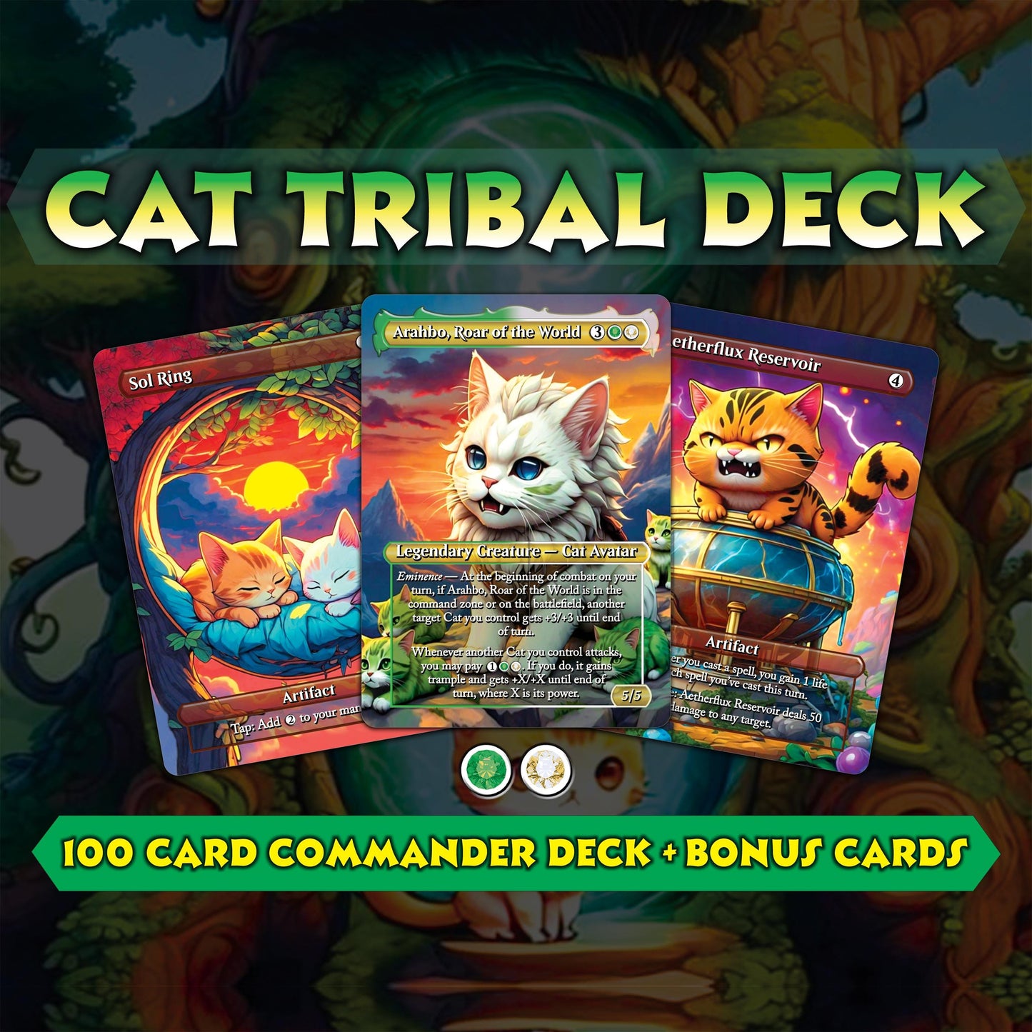 Cat Commander Tribal Deck, High Quality MTG Proxies for Commander EDH, Arahbo, Roar or the World Full 100 Card Deck with Custom Art + Bonus