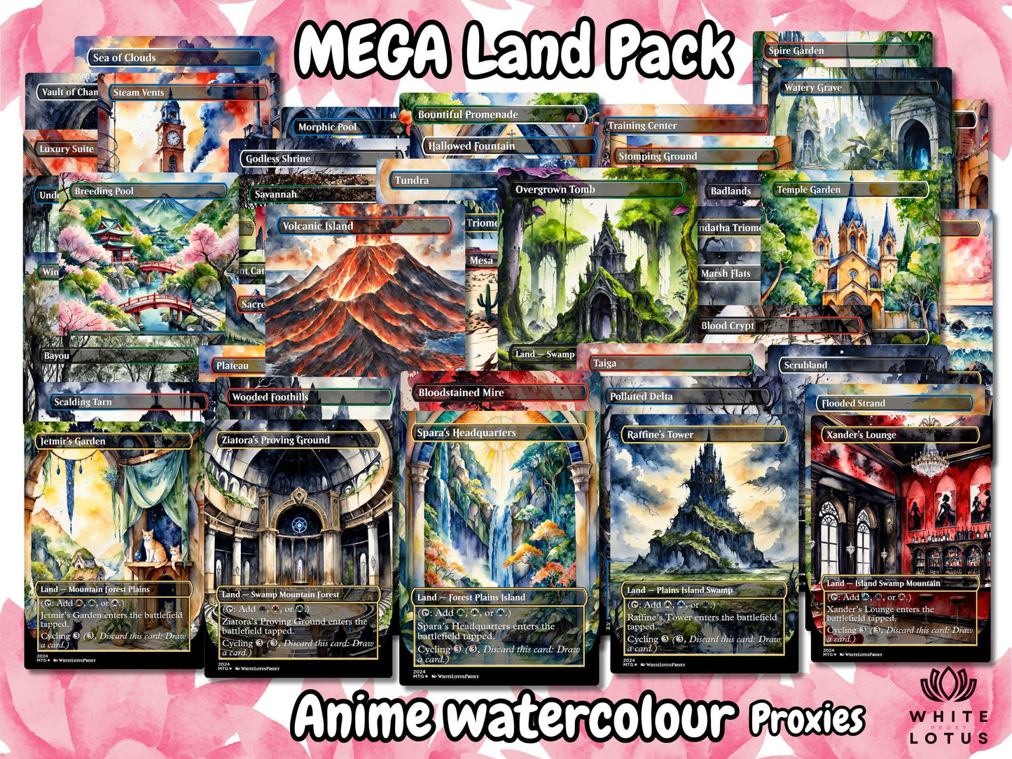 Mega EDH land pack (50+ cards) Anime watercolour lands set of 50 unique borderless custom proxy lands High quality lands for EDH or cEDH