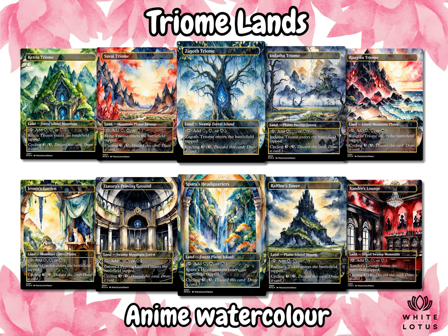 Mega EDH land pack (50+ cards) Anime watercolour lands set of 50 unique borderless custom proxy lands High quality lands for EDH or cEDH