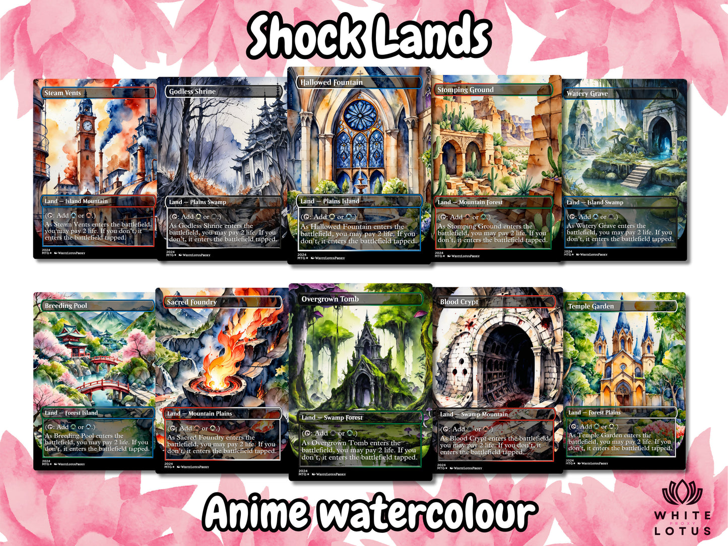 Mega EDH land pack (50+ cards) Anime watercolour lands set of 50 unique borderless custom proxy lands High quality lands for EDH or cEDH